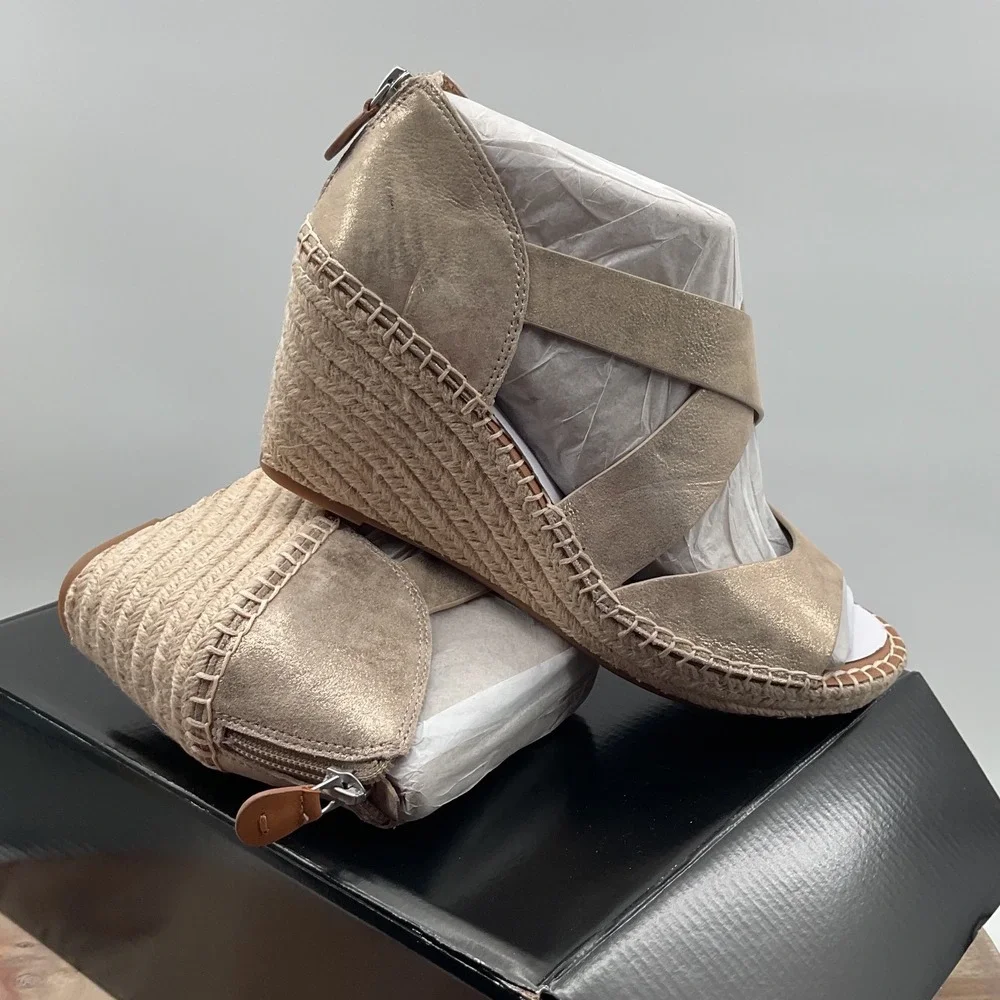 Gentle souls Corinne Wedge Metallic Champagne Leather Espadrille Sandals 9M